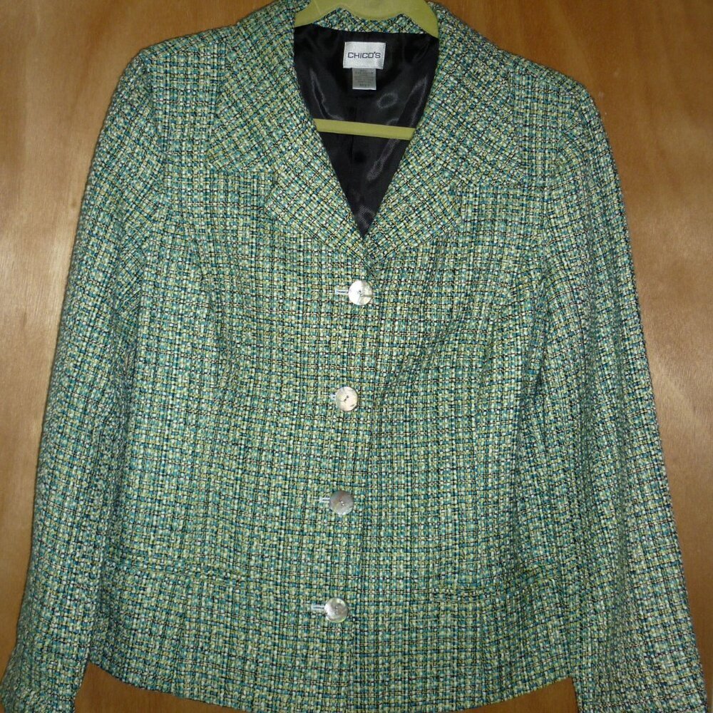 Chico's Vintage Womens Plaid Blazer Green Multi Front Pockets Size 8 Medium